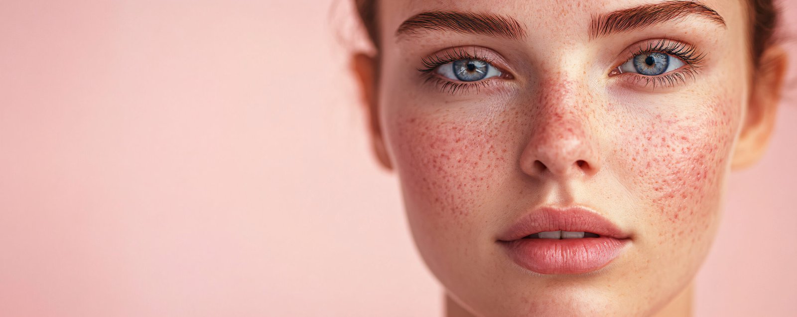 Closeup girl face with red pimples, inflammation on face and problem skin. Acne, rosacea and couperose therapy. Facial treatment, skincare routine and hygiene. Cosmetic and beauty concept banner