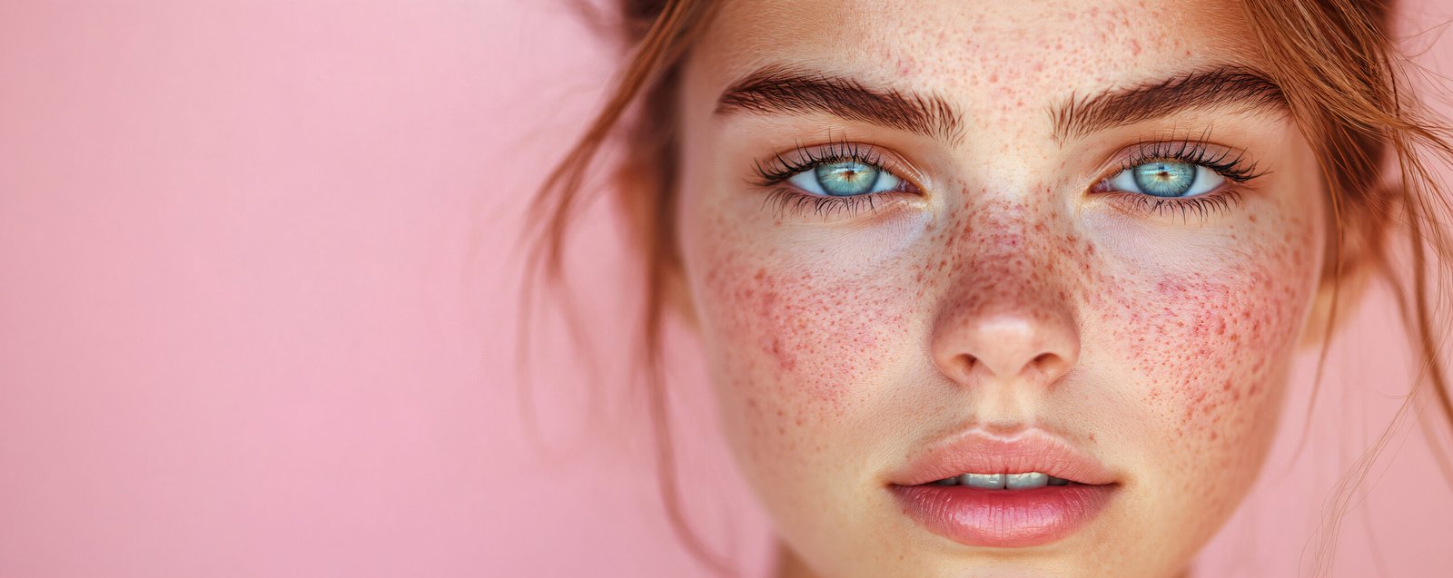 Closeup girl face with red pimples, inflammation on face and problem skin. Acne, rosacea and couperose therapy. Facial treatment, skincare routine and hygiene. Cosmetic and beauty concept banner